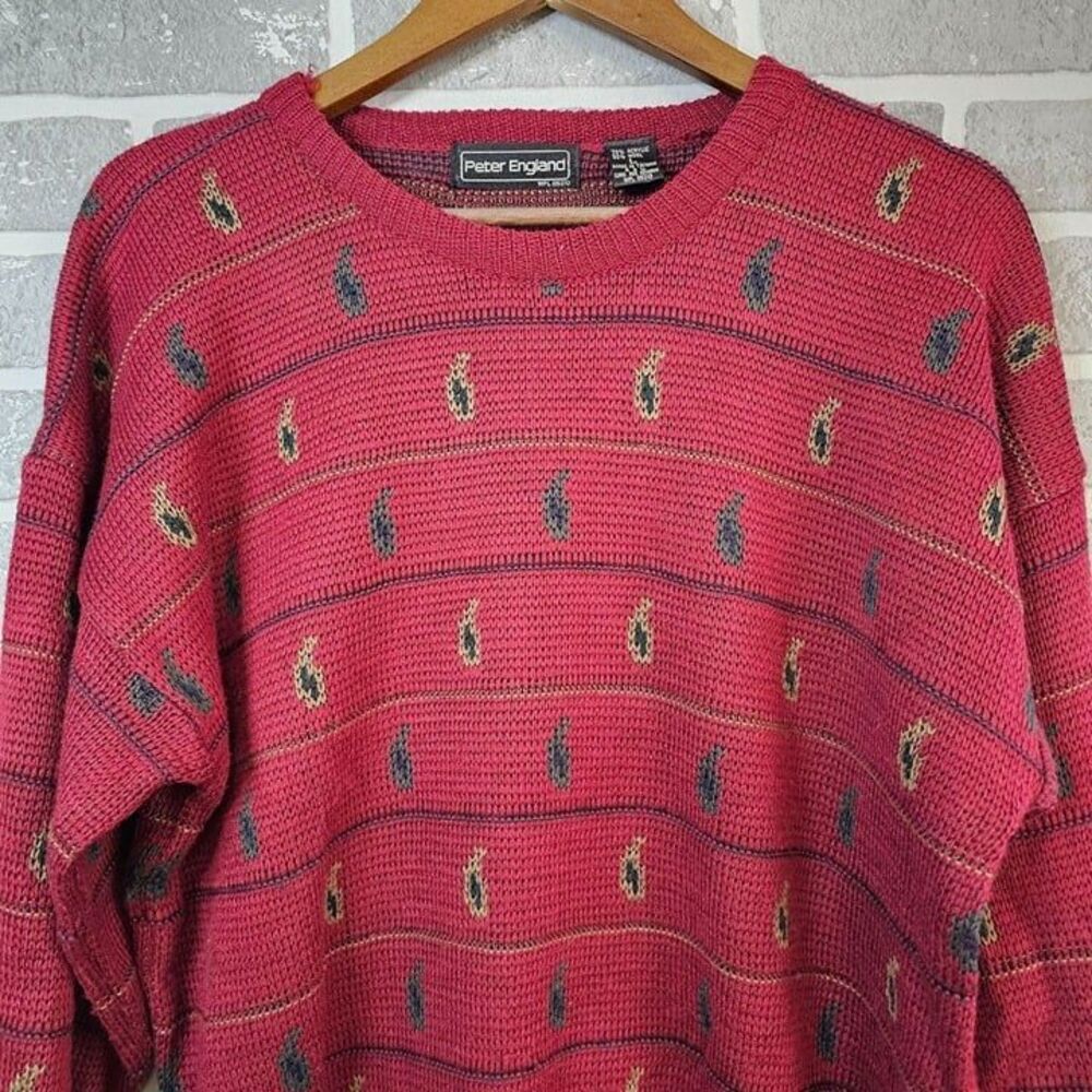 VTG Peter England Sweater Men's Large Burgundy Wool Blend Grandpa Dad Pullover‎